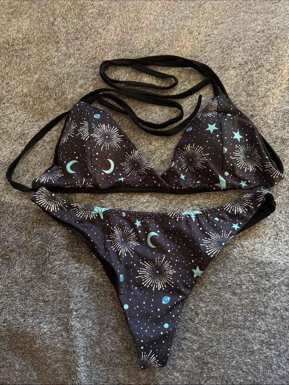 Women's Black Star & Moon Print String Bikini - Black